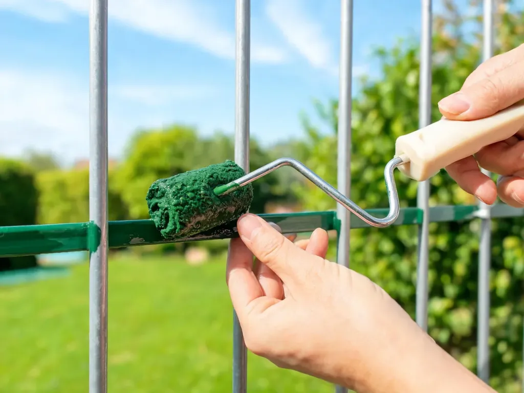 Malowanie metalowego ogrodzenia małym wałkiem ciemnozieloną farbą, w tle słoneczny ogród z trawnikiem i krzewami